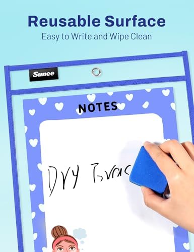 SUNEE 100 Packs Oversized Reusable Dry Erase Pocket Sleeves with 5 Rings, 10 Assorted Colors 10x14 Ticket Holders, Clear Plastic Sheet Protectors, Teacher School Classroom Supplies