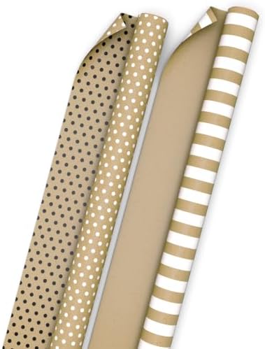 Hallmark Reversible Wrapping Paper Rolls, 2 Rolls (Kraft, Striped, Dots)