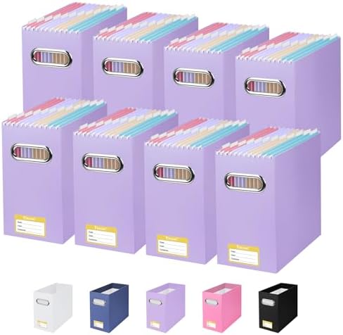 BALEINE 8PK File Organizer Box, Cardboard File Folder Organizer with Handle | Strong Corrugated Paper Core, Label Stickers for Identification, Hanging File Folder Organizer, Home Office Document Storage