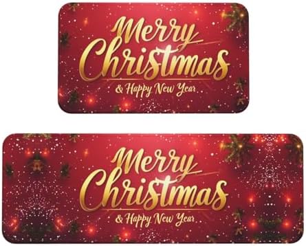 Christmas and New Year Kitchen Floor Mat 2 Pcs, Non Slip Rugs Absorbent Mats for Floor Countertop Office Home, Merry Indoor Outdoor Decor Doormat 17" x 29.5" + 17" x 47"