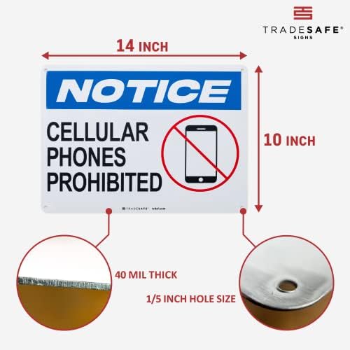 TRADESAFE Cellular Phones Prohibited - No Cell Phone Use Sign, Quick Install Aluminum Safety Sign, Light Reflective, UV-Resistant, Waterproof Signs for Business, 14” X 10” No Cell Phone Sign