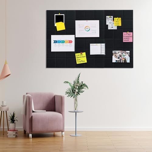 6 Packs Black Cork Board Felt Board Tiles, Bulletin Board 12"X12" with 30 Push Pins, Felt Board for Home Kitchen Office Decor, Self-Adhesive Corkboard Tiles for Walls School Message Display Board