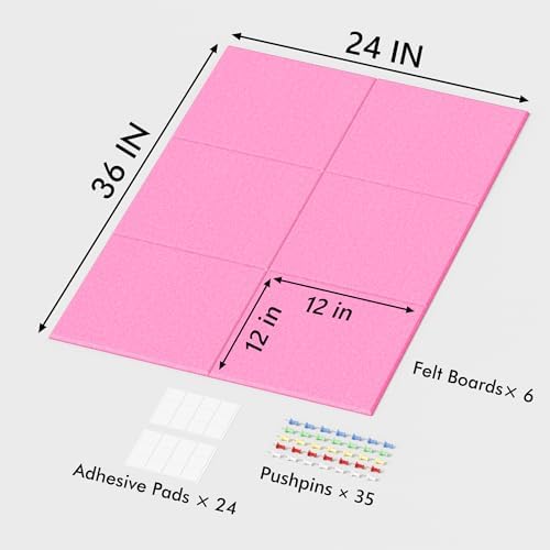 Neatsure Large Cork Board for Wall, 36" x 24" Bulletin Board with Pushpins, 6 Panels Felt Tiles Tack Push Pin Board for Office, Pink