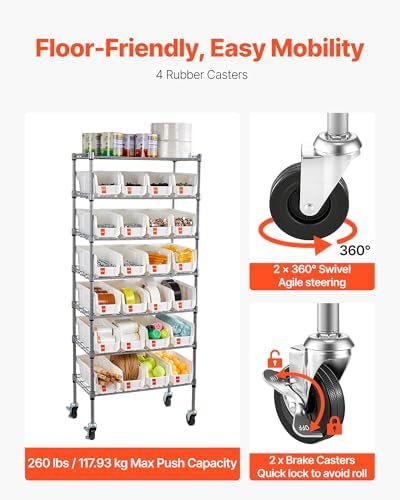 VEVOR 7-Tier Rolling Bin Storage Rack, 24 Small Bins, Bin Rack Storage Steel Wire Shelving System with Wheels, Mobile Tool Organizer for Garage, Warehouse, Office, Restaurant, Classroom, Kitchen