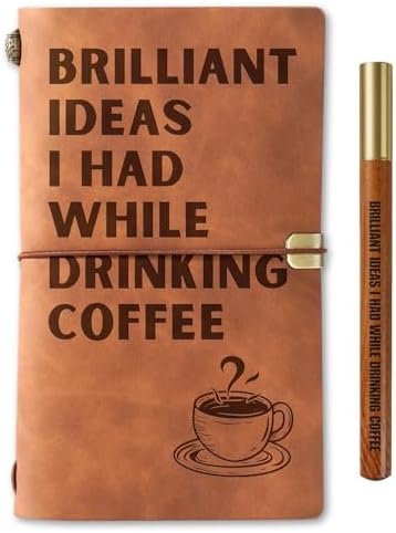 InnoBeta Coffee gifts Leather Journal Notebook with Pen, for Coffee Lovers, Men, Women on Birthday, Refillable Sketchbook, Travel Diary, Lined Planner, 7x5 Inches, Brown