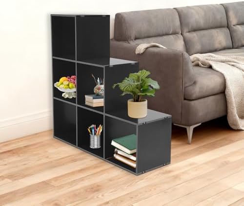 3-Tier Stepped Bookshelf, 6 Cube Storage Organizer, Freestanding Ladder Bookcase, L-Shaped Corner Shelf, Room Divider Shelf, 35.4" Tall Modern Display Shelf for Home Office Living Room
