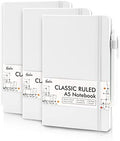 feela 3 Pack Notebooks Journals Bulk, Hardcover Notebook Classic Ruled Lined Journals with Pen Holder for Women Girls School Business Supplies, with 3 Black Pens, 120 GSM, 5.1”x8.3”, A5, White