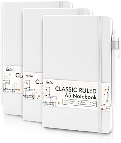 feela 3 Pack Notebooks Journals Bulk, Hardcover Notebook Classic Ruled Lined Journals with Pen Holder for Women Girls School Business Supplies, with 3 Black Pens, 120 GSM, 5.1”x8.3”, A5, White