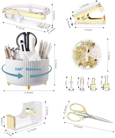 Gawsey Gold Desk Organizers and Accessories with Desk Organizer 360° Rotating Pen Holder and Office Supplies, Cute Stationery Supplies Set