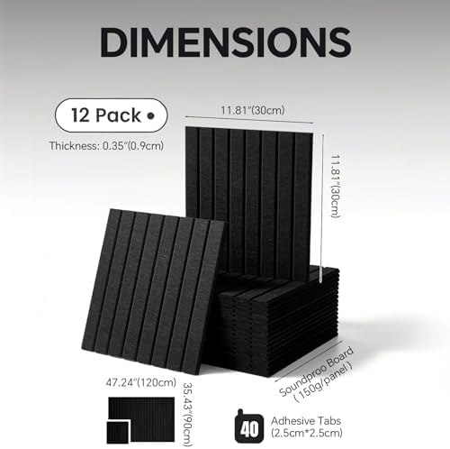 Slat Felt Wall Tiles (12 Pack) - 11.8"x11.8" Self-Adhesive Bulletin Board for Wall, Acoustic Panels for Sound Dampening, Modern Black Pin Board, Home Office Decor (30x30cm)