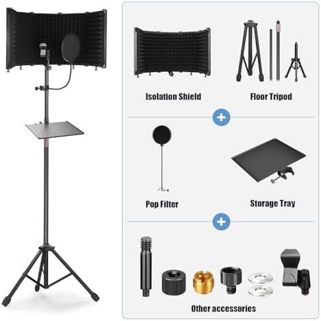 Microphone Isolation Shield with Tripod Stand & Pop Filter