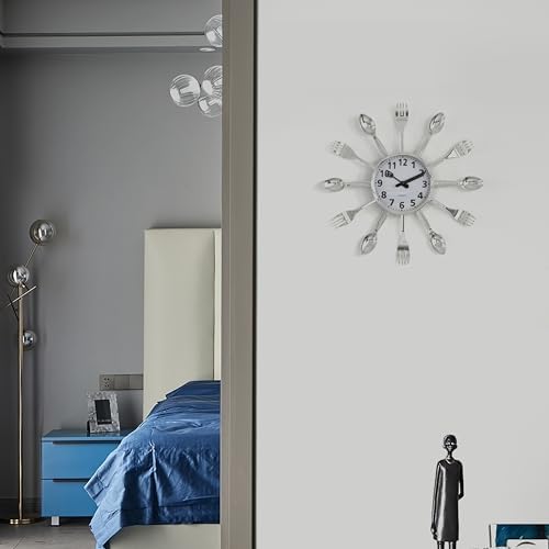 Clockswise Bulk Set of 10PC 14" Oversized Decorative 3D Cutlery Utensil Spoon and Fork Wall Clock, Silver Design for Vibrant Kitchen, Playroom, or Bedroom Decor, Battery-Operated Silent Sweep,