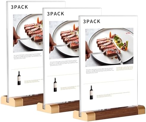 LIANHELILAI Acrylic Sign Holder 5" x 7" with Wood-Color Base, Tabletop Double-Sided Display Sign Frame Vertical Clear for Store/Coffee Shop/Restaurant Menu Hotel Display Board, 3 Pack T Shape