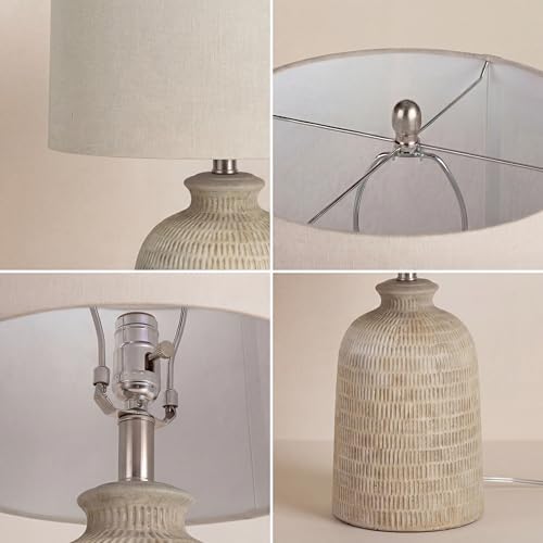 Nourison Home 24" Natural Beige Textured Ceramic Table Lamp with Tan Linen Shade, Farmhouse Accent Lamp, Bedside Nightstand Lamp for Bedroom, Living Room