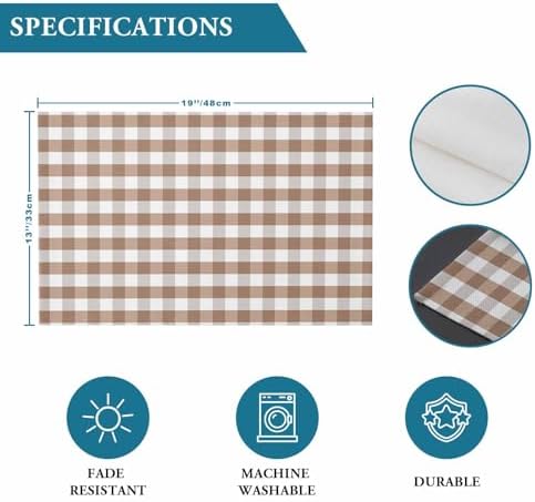 Rustic Brown White Buffalo Check Plaid Pattern Placemats Set of 4, Farmhouse Heat Resistant Washable Table Place Mats Cotton Table Linens Party Holiday Decor for Kitchen Dining Outdoor Indoor