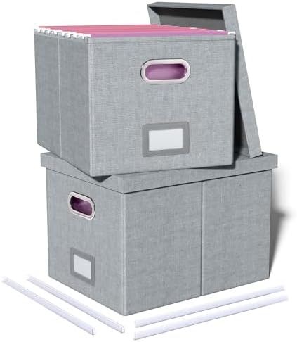 2 Pack File Storage Organizer, Filing Box, Portable File Box with Lid, Fit for Letter/Legal File Folder Storage, Document Organizer, Gray