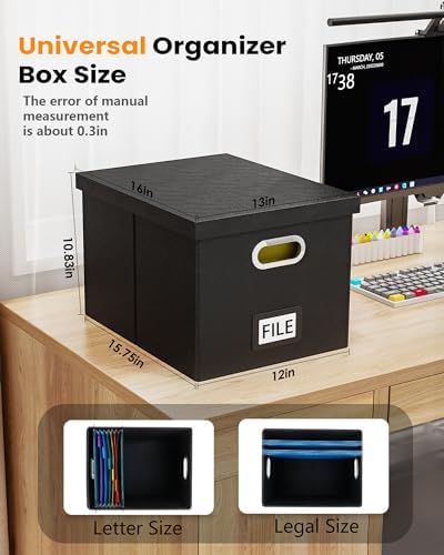 2 Pack File Storage Organizer Box, Portable Filing With Lid, Fit for Letter/Legal Folder Storage, Black (Leather)
