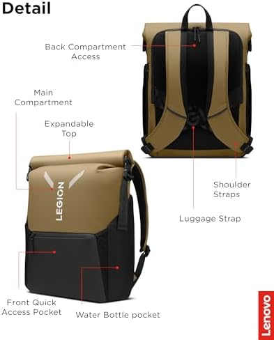 Lenovo Legion Gaming Laptop Backpack GB500, Expandable Capacity up to 25L, Fits 16-inch Laptops, Water Resistant