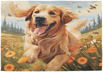 ALAZA Happy Golden Retriever in Flower Field Set of 4 Placemats Rectangle Table Mat for Dining Table Restaurant Kitchen Home Decor, 12" x 18"