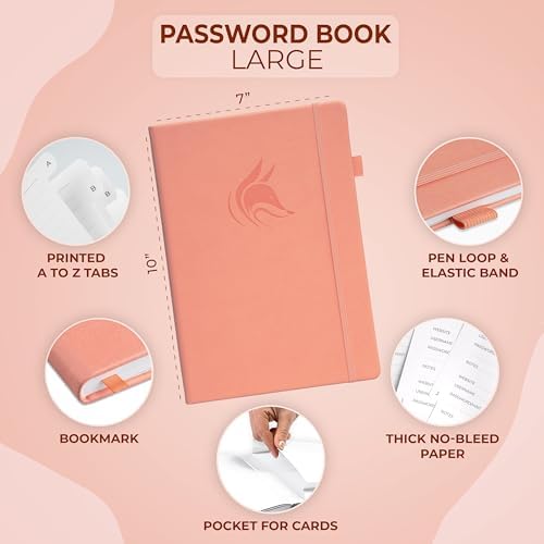 Clever Fox Password Book with Alphabetical Tabs, 7"x10" Keeper Peach Pink
