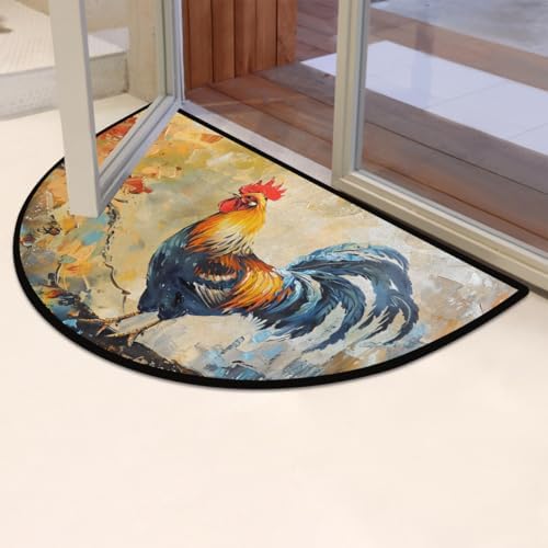 Pardick Vintage Rooster Farmhouse Half Round Door Mat, Non-Slip Welcome Indoor Entrance Way Rug Semi Circle Front Doormats Washable Bathroom Kitchen Floor Mat, Outdoor Rugs for Patio, Hearth Rug