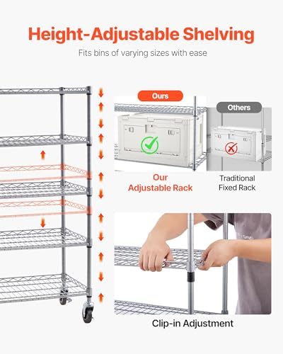 VEVOR 5-Tier Rolling Bin Storage Rack, 12 Organizer Bins, Bin Rack Storage Steel Wire Shelving System with Wheels, Mobile Tool Organizer for Garage, Warehouse, Office, Restaurant, Classroom, Kitchen