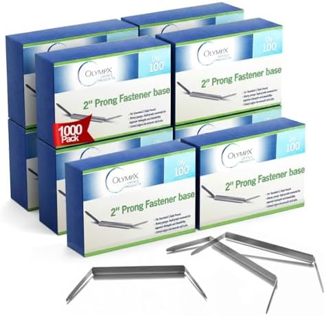 OLYMPX 1000 Pcs of 2” Capacity Premium Metal Prong Paper Fastener Bases, 2.75 Inch Base for Paper File Clip Folder Accessories (Pack of 10 Boxes)