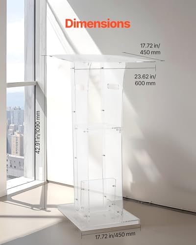 VEVOR Podium Stand, 43-Inch Acrylic Lectern, Portable Laptop Desk with Wide Reading Surface and Storage Shelf, Book Stopper, Floor-Standing, for Classroom, Wedding, Conference, Lecture and Concert
