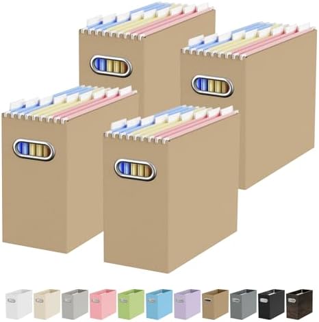 Oterri Portable Collapsible Cardboard File Box with Handle for Letter-Size | 4-Pack. Stainless Steel Handle. Label Stickers Included. Fits Letter Folders (Not Included). Home, Office, School, Dorm, Tax.