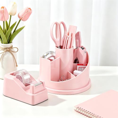 deli Office Supplies Set, Desk Accessory Organizer Kit, Pink