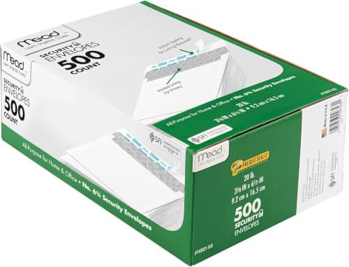Mead #6-3/4 Envelopes, 3-5/8" x 6-1/2", Security Printed Lining for Privacy, Press-It Seal-It Self Adhesive Closure, White All-Purpose 20-lb Paper Mailing Envelopes (742021), 500 Count (Pack of 5)