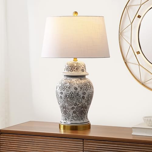 JONATHAN Y Ellis Chinoiserie Ginger Jar Table Lamp 29.5", Gray/White