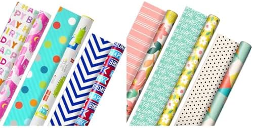 Hallmark Kids Birthday & Spring Wrapping Paper Bundle (6 Rolls: 195 Sq. Ft. Ttl) Monsters, Unicorns, Polka Dots, Floral, Lemons, Abstract