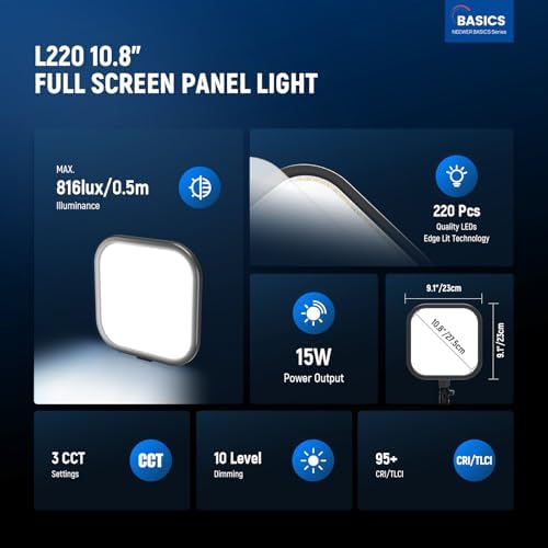NEEWER Basics 2 Pack 15W 10.8" LED Video Light Panel Lighting Kit with 63" Tripod Stands, Edge Lit Bi Color Dimmable Studio Light 816lux CRI95+ for Photography Filming Recording Streaming, L220