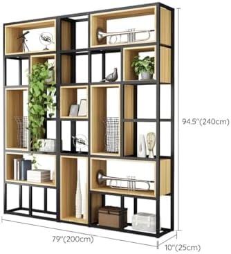 Wood Industrial Cube Bookcase with Shelves & Open Back Iron Bookshelf Floor Steel & Wood Shelf Multi-Layer Shelf Storage Rack Office Partition Display Rack Natural 78.7" L x 9.8" W x 94.5" H