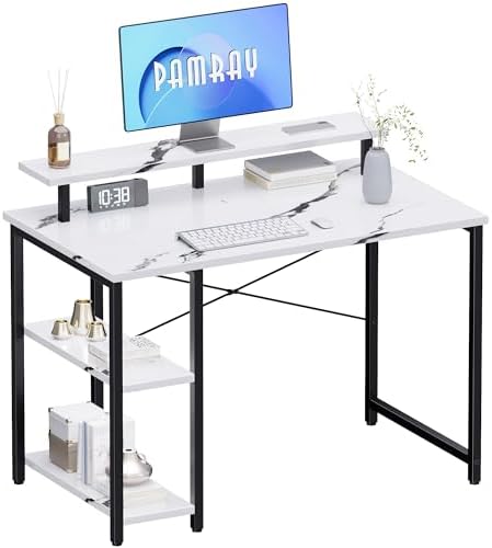 Pamray 33.5 Inch Small Computer Desk with Monitor Stand and Shelves