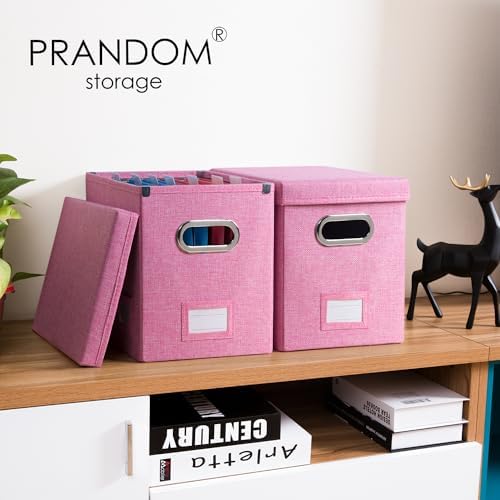 PRANDOM File Organizer Box - Set of 2 Collapsible Decorative Linen Filing Storage Hanging File Folders with Lids Office Cabinet Letter Size Pink (14x9.3x10.8 inch)