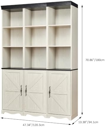 KEIKI Farmhouse Bookcase with Storage Cabinets, Modular Bookshelf, White