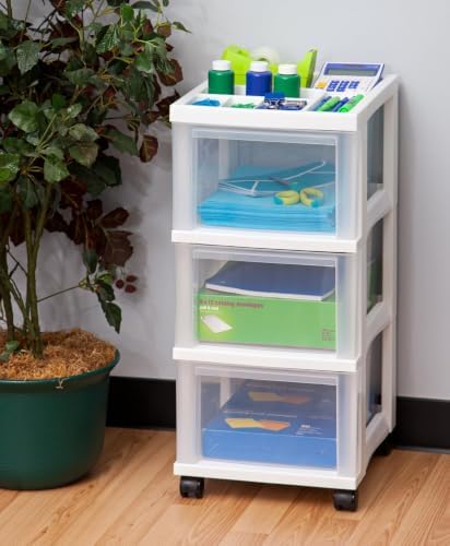 IRIS USA 3-Drawer Rolling Storage Cart, White/Clear