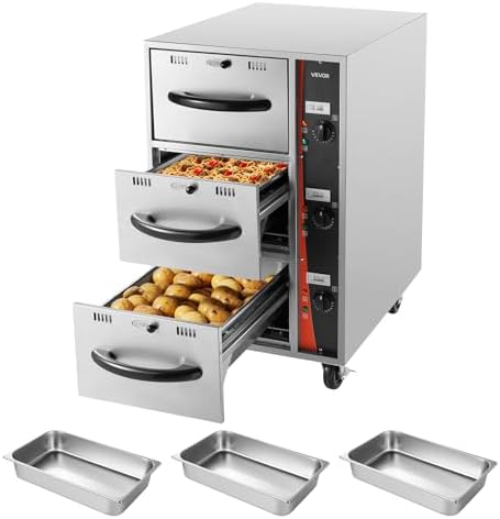 VEVOR Commercial Electric Drawer Warmer, Three-Drawer Stainless Steel Food Warmer, Freestanding Compact Warming Drawer Cabinet, 85°F–185°F Wide Temperature Range, for Restaurant, Hotel Buffet & Bakery