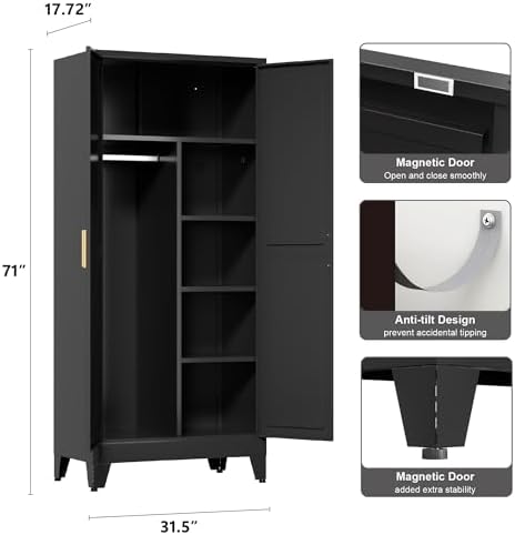 Washsemba 71'' Farmhouse Metal Wardrobe Cabinet with Hanging Rod, 2 Barn Door Wardrobe Closet with 5 Adjustable Shelves,Drawer,for Dining Room,Bedroom,Living Room, Cloak Room,Office (Black)