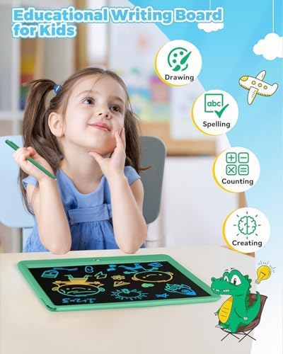 KOKODI 15 Inch LCD Writing Tablet with Anti-Lost Stylus, Erasable Doodle Board Colorful Toddler Drawing Pad, Car Travel School Games Toys for 3 4 5 6 7 8 Kids, Birthday Gift for Girls Boys Green