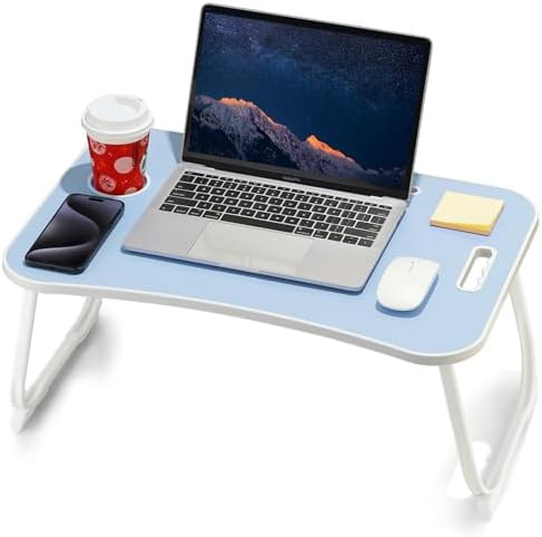 ZEAPTAC Laptop Bed Desk, Foldable Lap Desk, Portable Lap Table, Laptop Stand with Cup Holder, Tablet Slot & Lifting Handle for Work, Write, Draw & Eat on Bed, Sofa or Couch - Blue