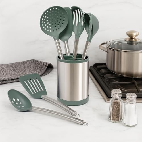 Glad Kitchen Utensils Set, 8pcs - Nonstick Cooking Tools with Stainless Steel Handles & Rotating Utensil Holder - Turners, Ladle, Spoon, Tongs, Spaghetti Server, and Skimmer - Dishwasher Safe, Green