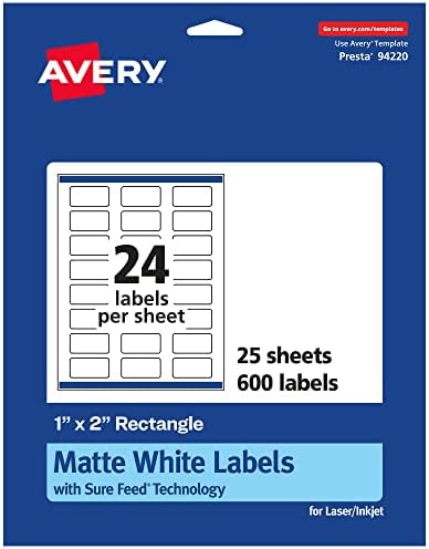 Avery® Matte White Rectangle Labels, Sure Feed® Technology, 1" x 2", 600 Matte White Printable Labels
