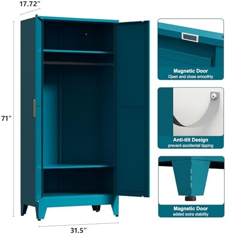 Washsemba 71'' Farmhouse Metal Wardrobe Cabinet with Hanging Rod, 2 Barn Door Wardrobe Closet with 2 Adjustable Shelves,for Dining Room,Bedroom,Living Room, Cloak Room,Office (Peacock Blue)