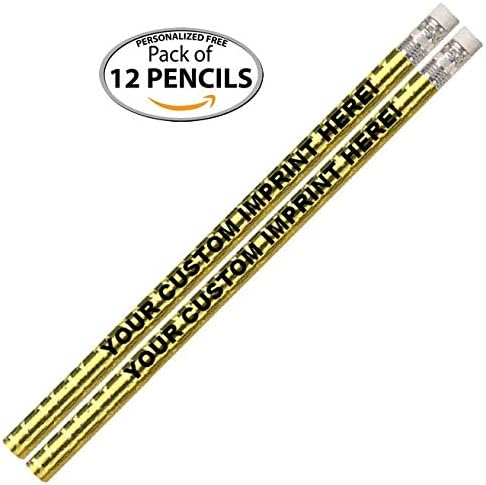 Express Pencils™ Personalized Custom Pencils - Round - Glitz & Glitter Foil - Full Color Print w/your name, message, text or logo - Includes Personalization - Great gift ideas - 12/Set (GOLD PRISM)