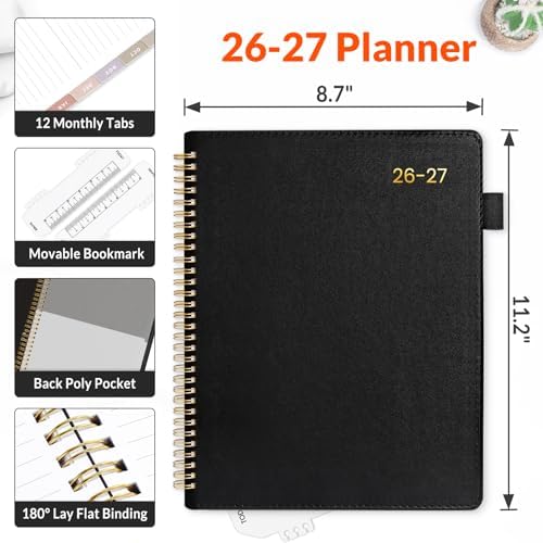 SUNEE 2026-2027 Weekly & Monthly Planner 9"x11.2" - 12 Month (July 2026 - June 2027), Vegan Leather Cover Planner Academic Year Calendar, Pocket, Notes, Monthly Tab, Black