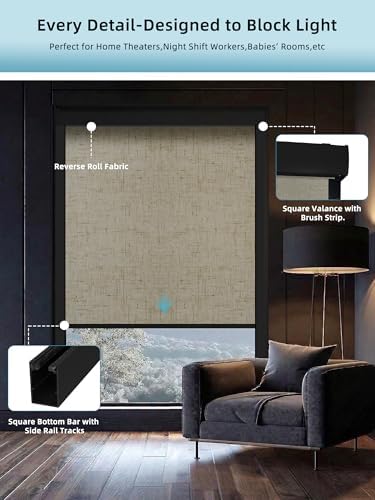 SmartWings Motorized Smart Roller Shades, 100% Blackout Linen Stone