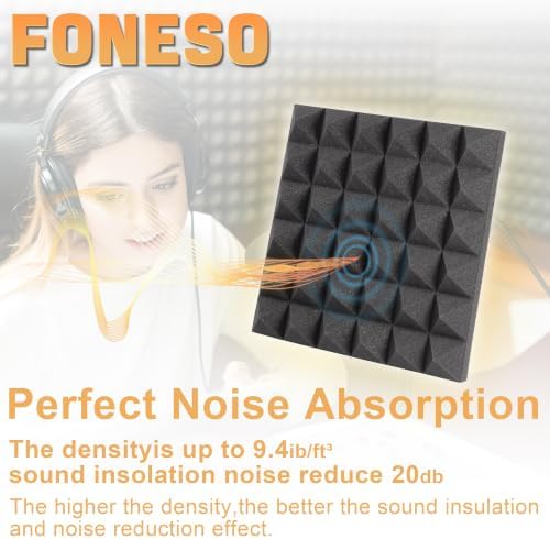Foneso 12 Pack Sound Proof Foam Panels for Walls, 12''x12''x2'' Acoustic Foam Panels with Self-Adhesive, High Density Pyramid Sound Absorbing Padding for Sound Studio, Podcast Recording and Offices